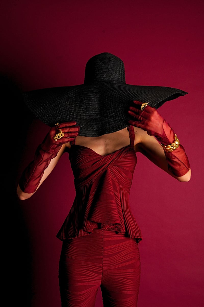 Red Plissé Knot-Front Peplum Top