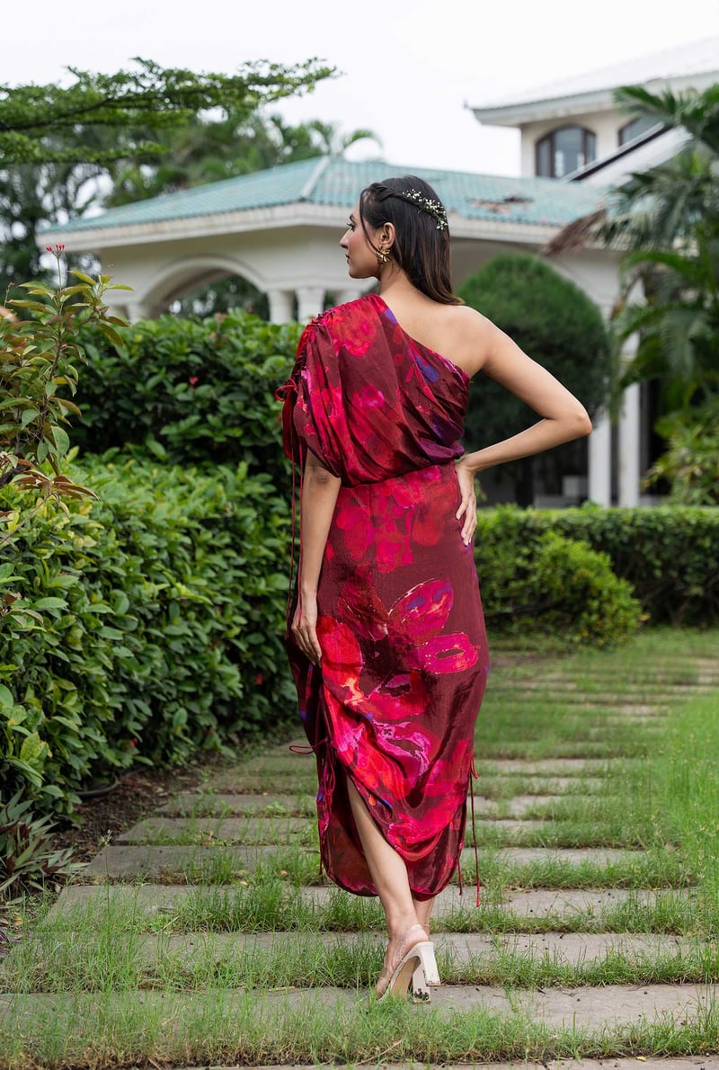 Wine One-Shoulder Floral Ruched Chinon Maxi Dress
