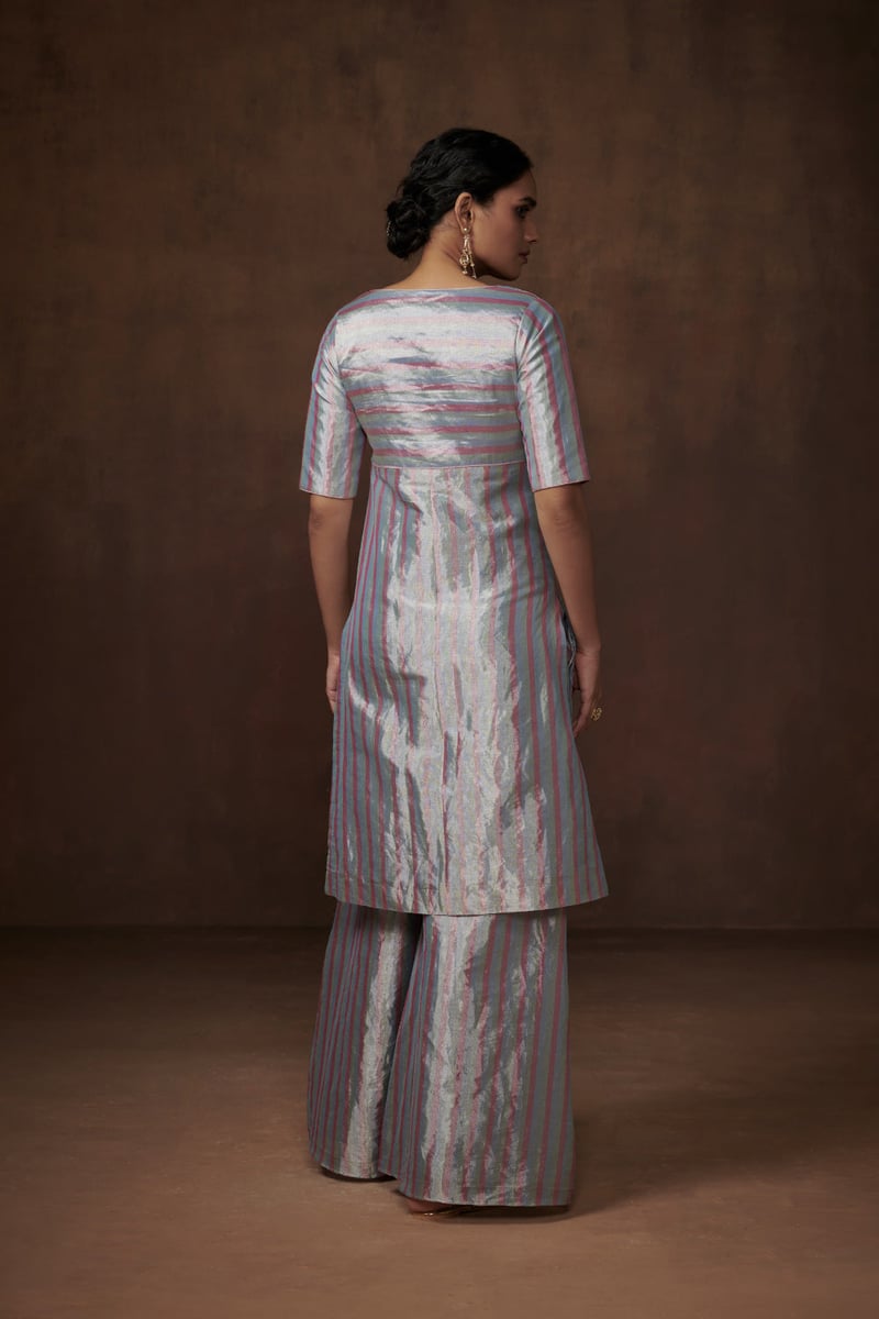 Multicolor Pastel Striped Tissue Kurta Set with Palazzo