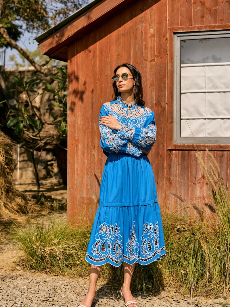 Blue Cotton Cutwork Embroidered Crop Top