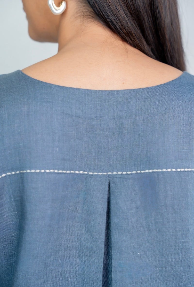 Space Blue-Grey Linen Kurta Set with Grey Pants