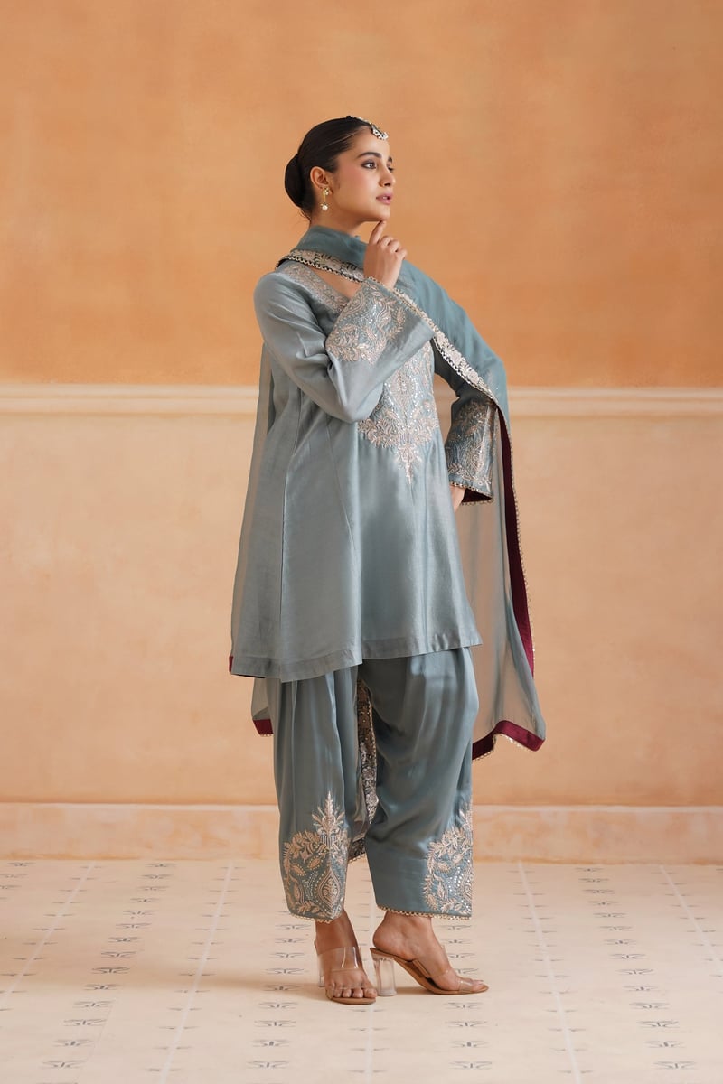 Sage Blue Chanderi Embroidered Kurta Set with Dupatta