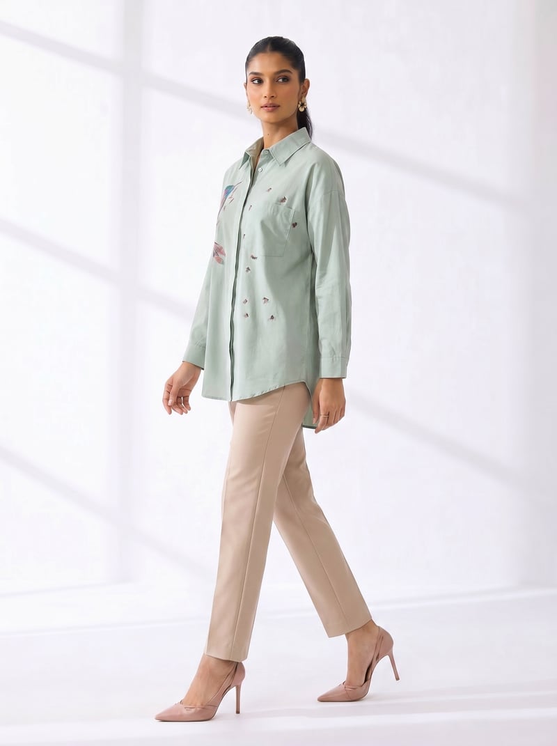 Green Printed Longline Button-Down Shirt