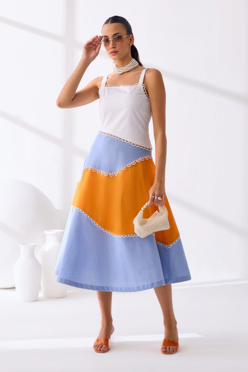 Ralph Midi Dress White, Orange & Blue