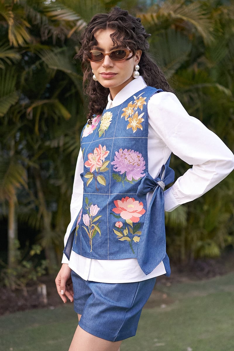 White Shirt with Floral Denim Vest and Shorts Co-ord Set