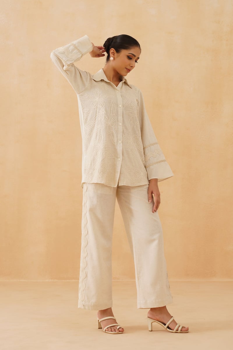 Cream Hand-Embroidered Cotton Co-ord Set