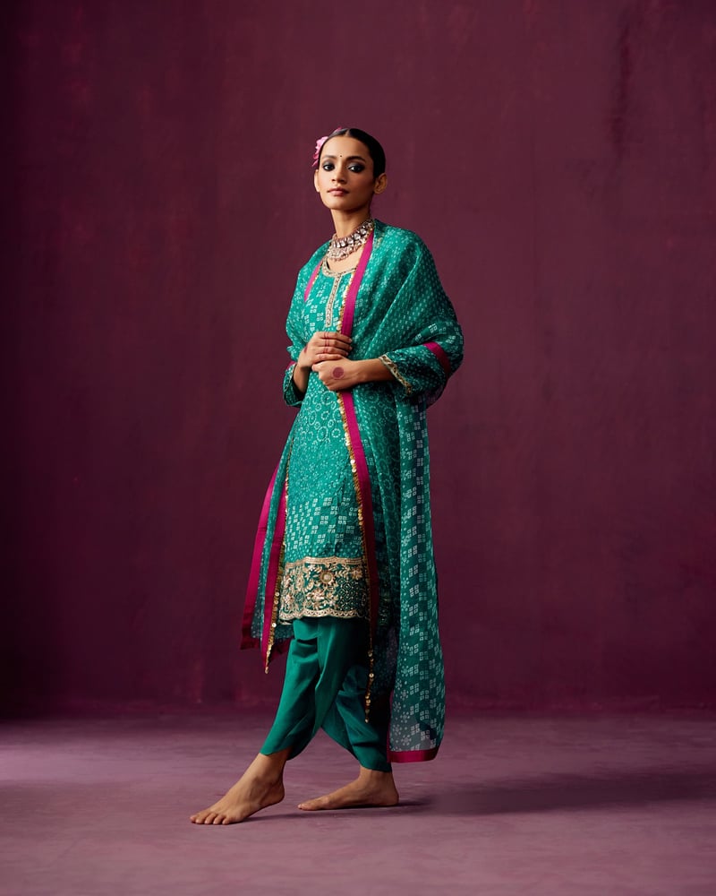Emerald Green Bandhej Print Kurta Set with Dhoti and Dupatta