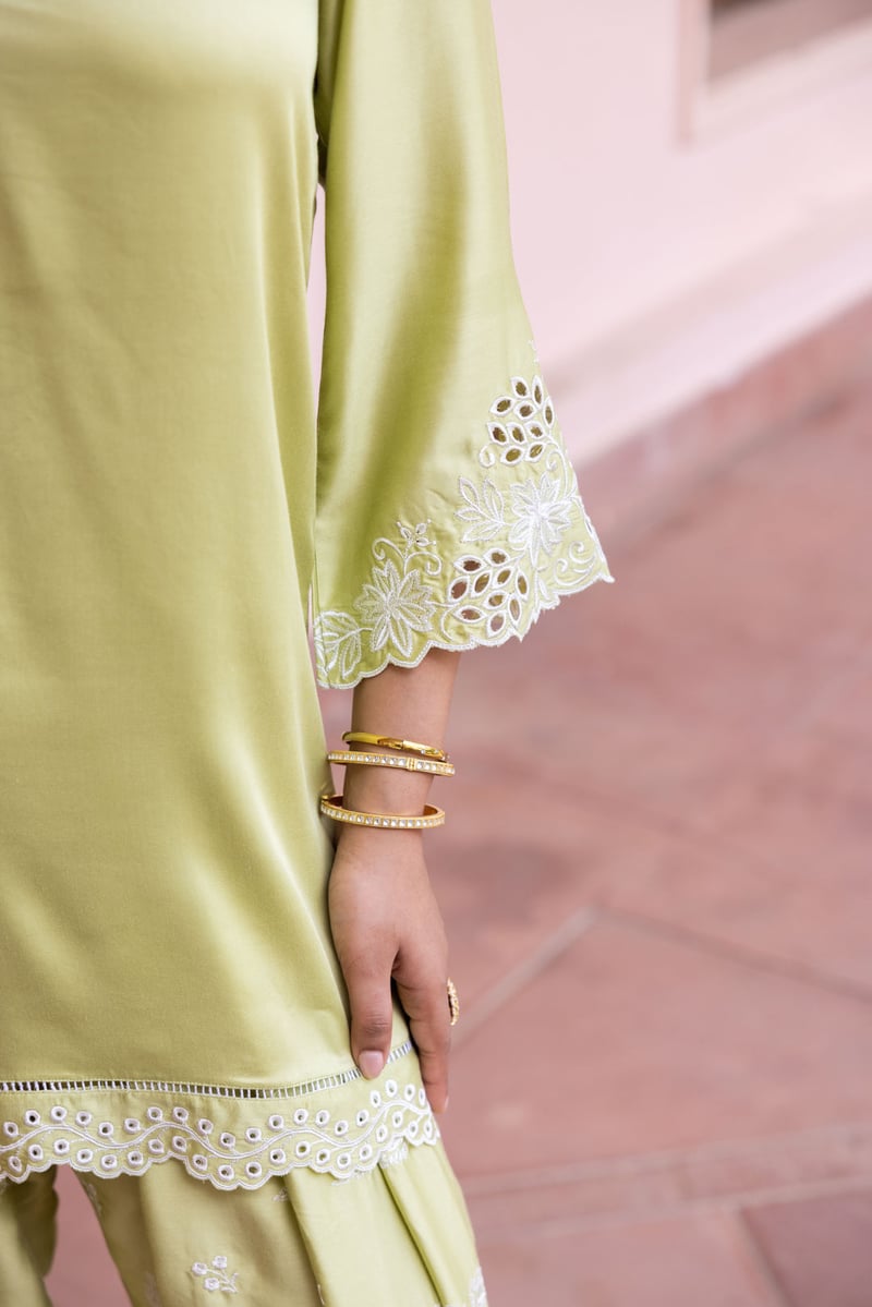 Green Cutwork Tunic and Farshi Pants Co-ord Set
