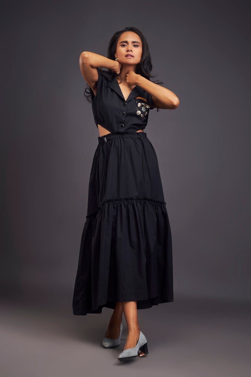 Black Lapel Collar Midi Dress with Side Cutouts