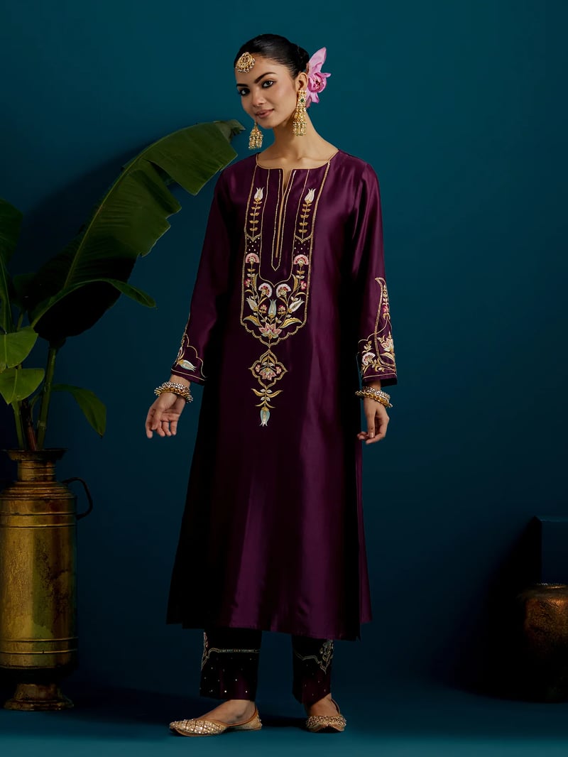 Purple Silk Chanderi A-Line Yoke Embroidered Kurta