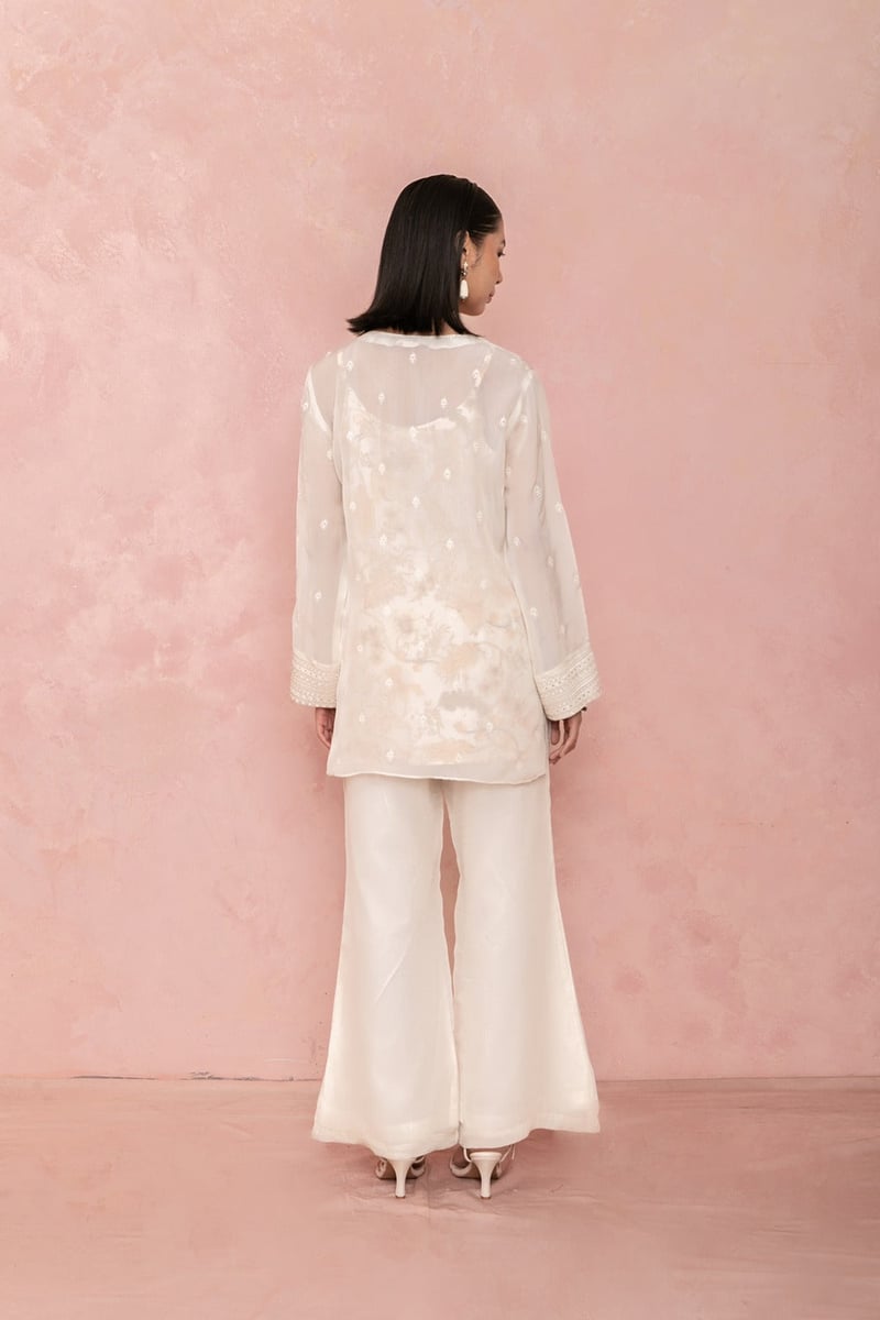 Ivory Sheer Organza Schiffli Tunic and Flared Pants Set