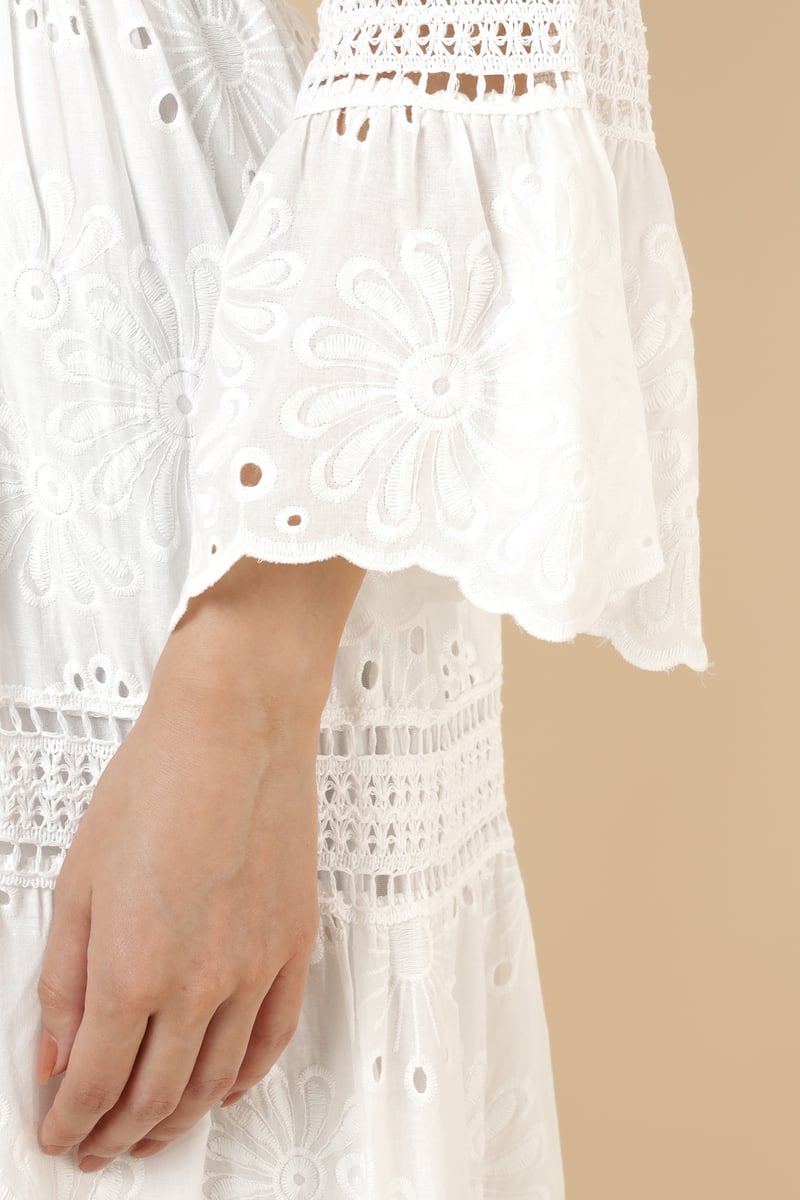 Ekru Tiered Cutwork Maxi Dress with Embellished V-Neck