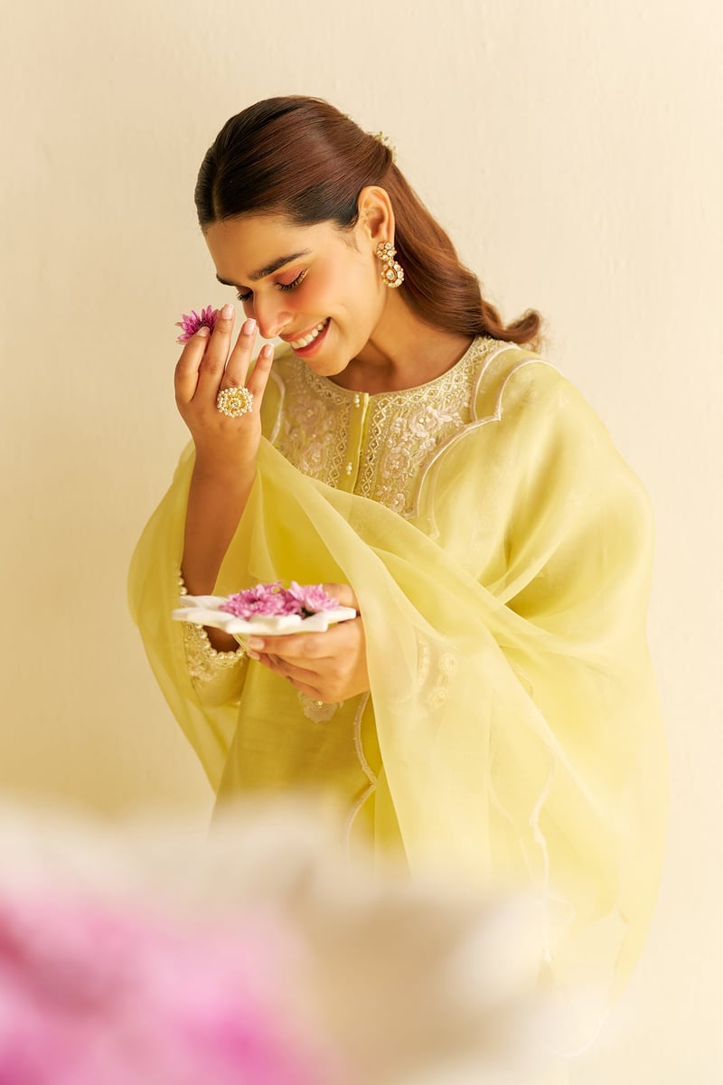 Lemon Yellow Embroidered Kurta and Dhoti Set