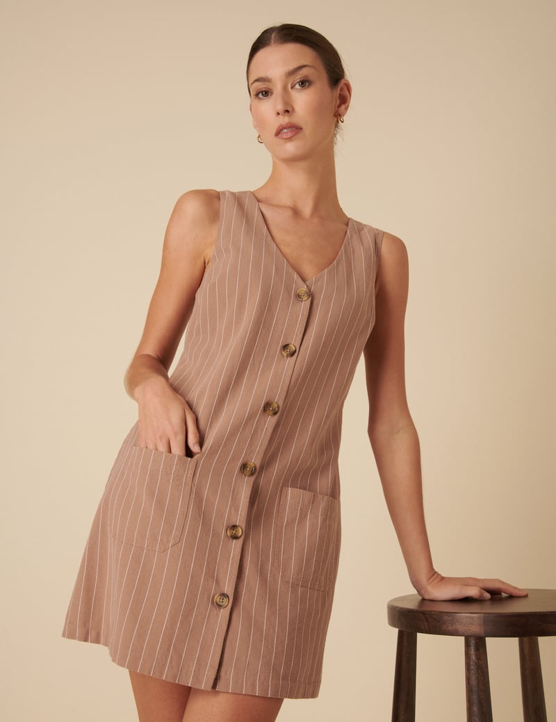 Stone Pinstripe Button-Front Pinafore Mini Dress