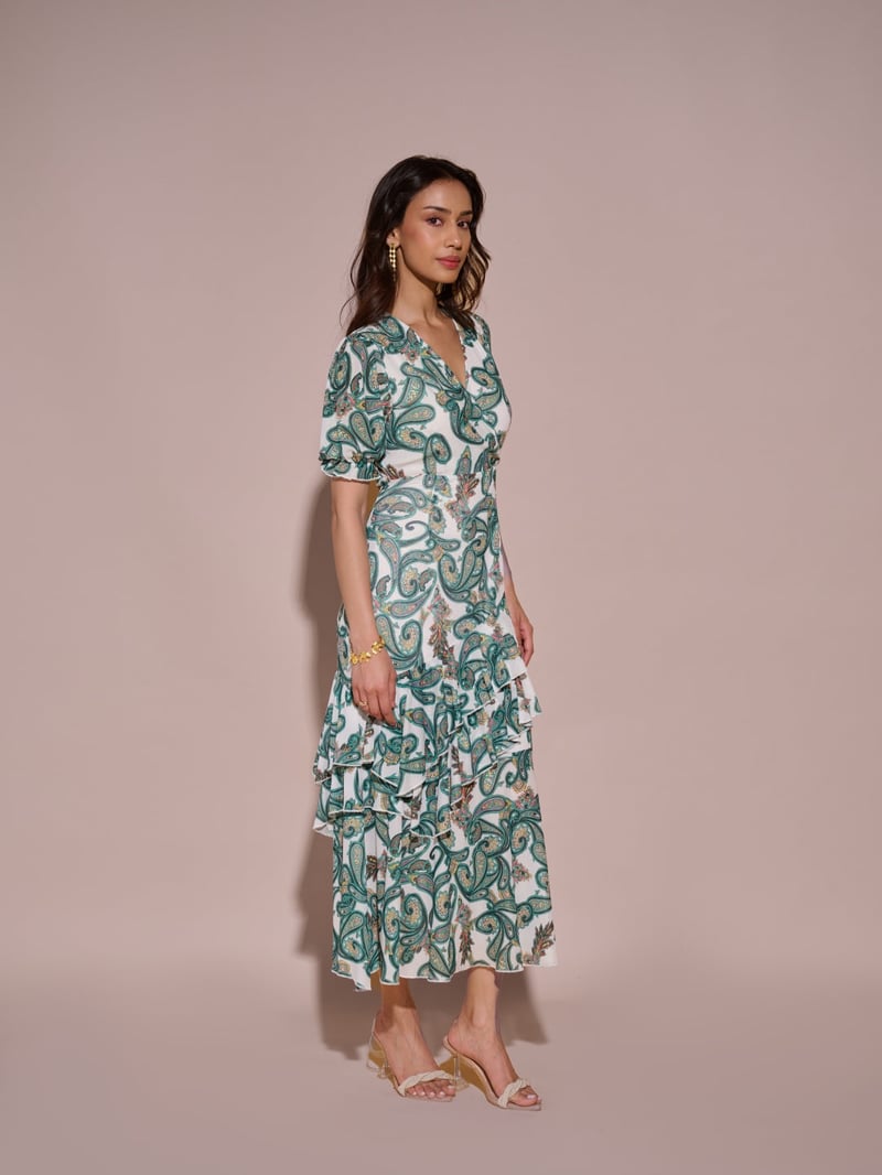 Green Paisley Print Wrap Midi Dress with Ruffle Tiers