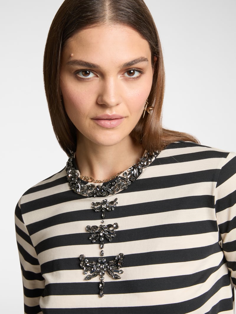 Black and White Striped Embellished Long Sleeve T-Shirt