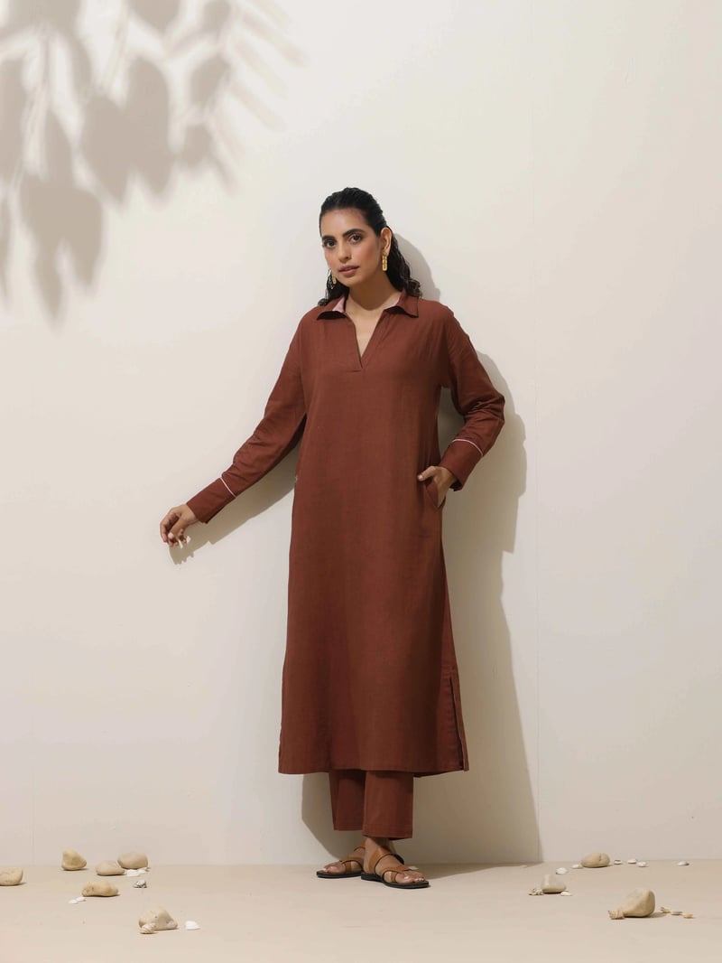 Brown Cotton Linen Straight Kurta Pant Set