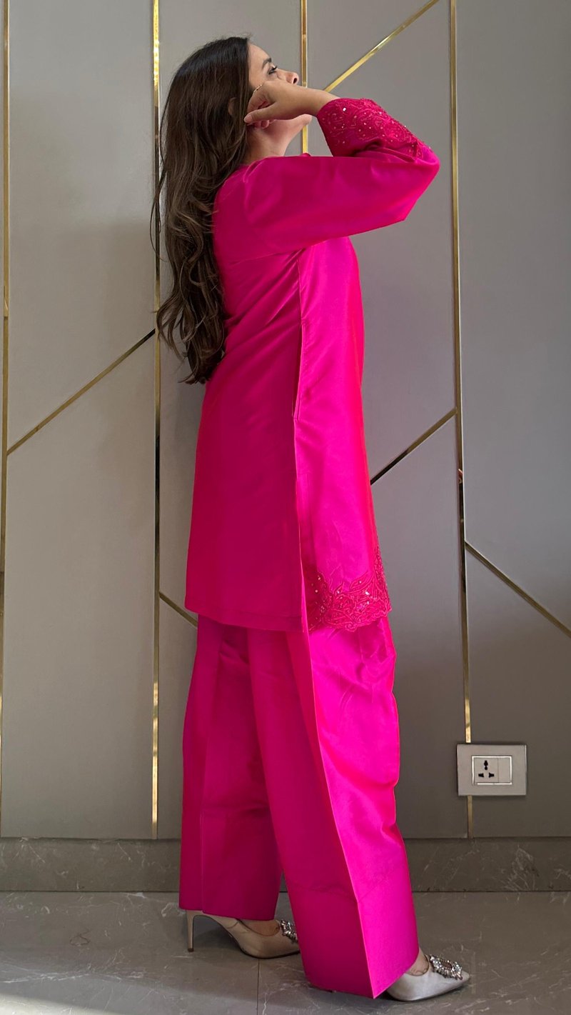 Hot Pink Dupion Silk Embroidered Co-ord Set