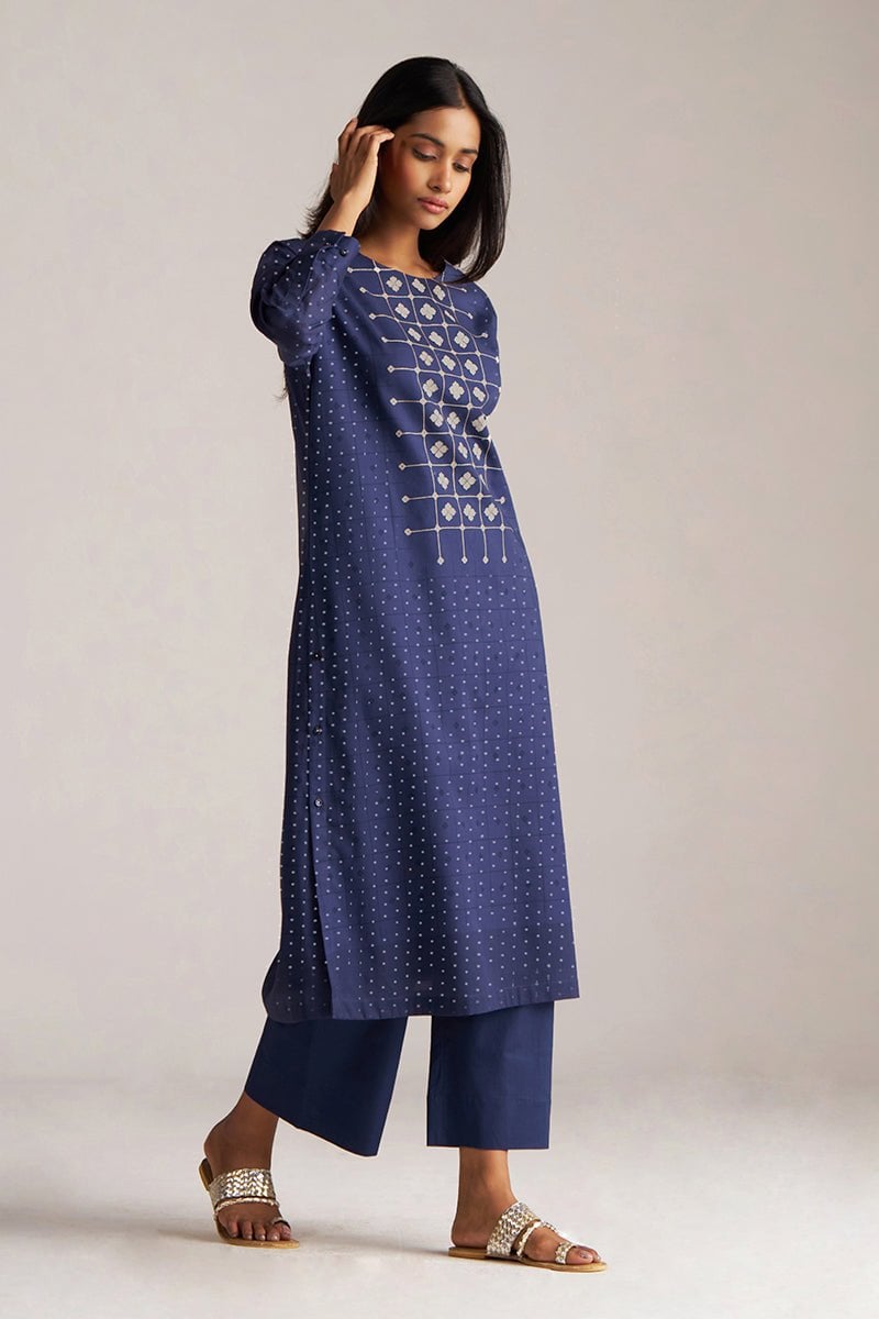 Blue and Off White Printed Kurta Co-ord Set with Pants