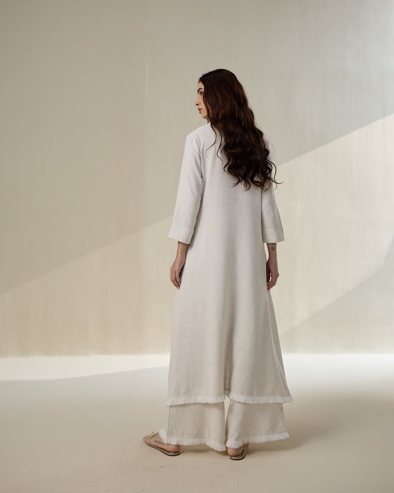 Natural Linen V-Neck Co-ord Set with Wide-Leg Pants