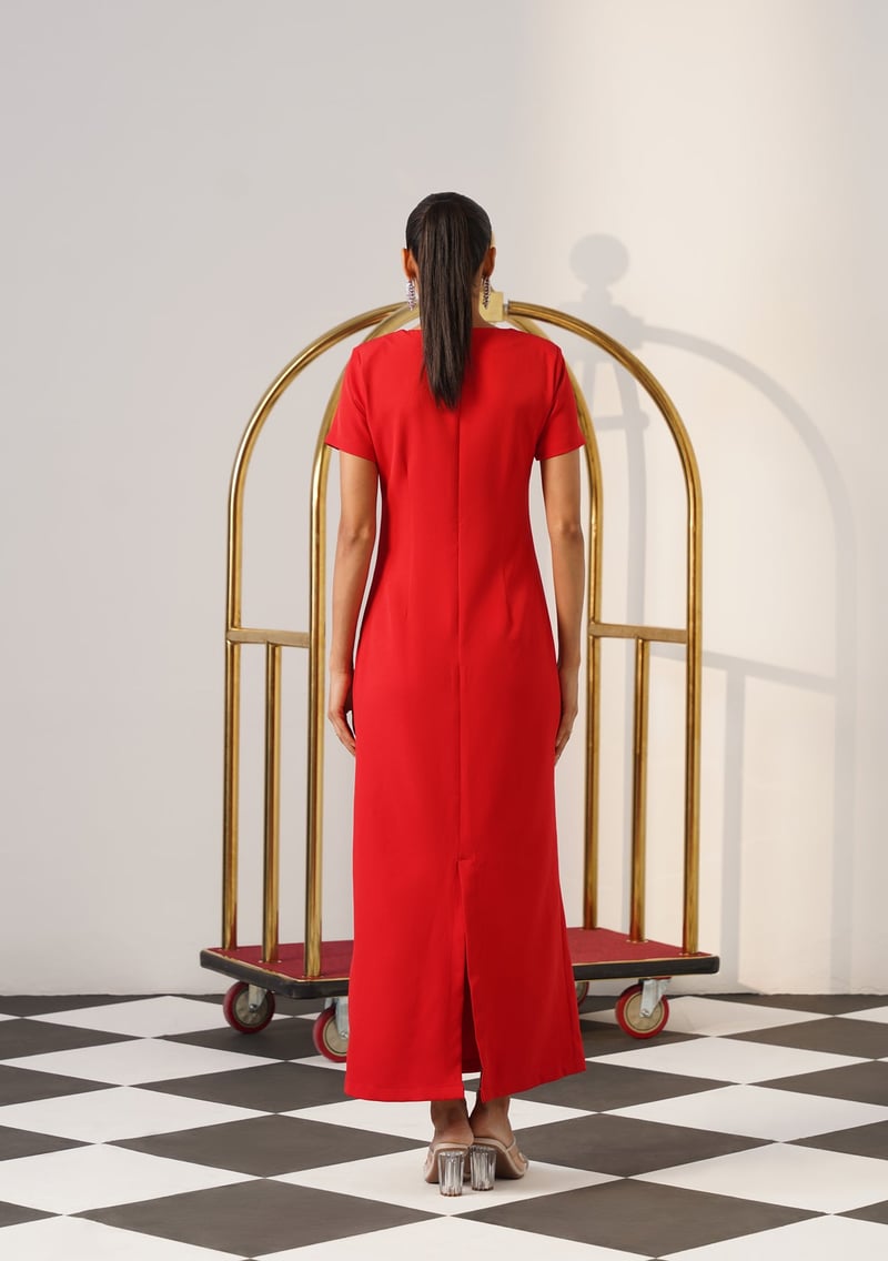 Red V-Neck Embroidered Maxi Dress