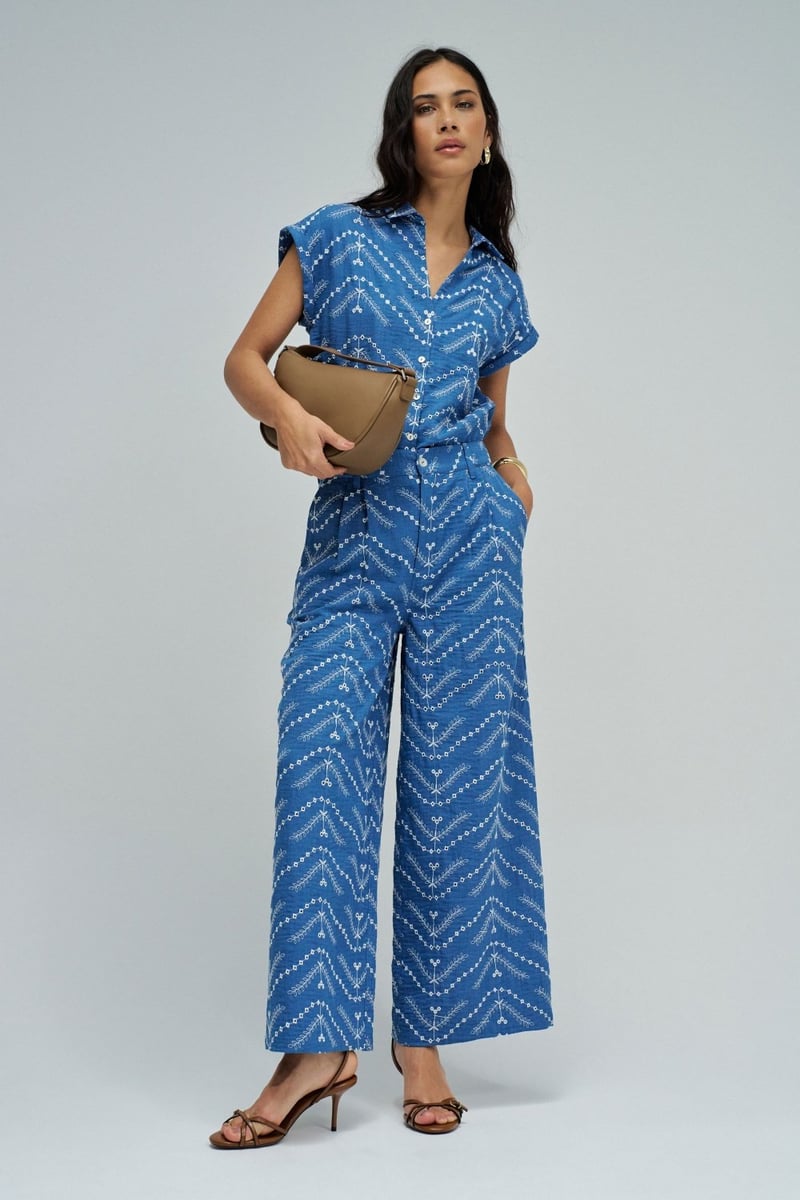 Blue Geometric Print Collared Short-Sleeve Shirt
