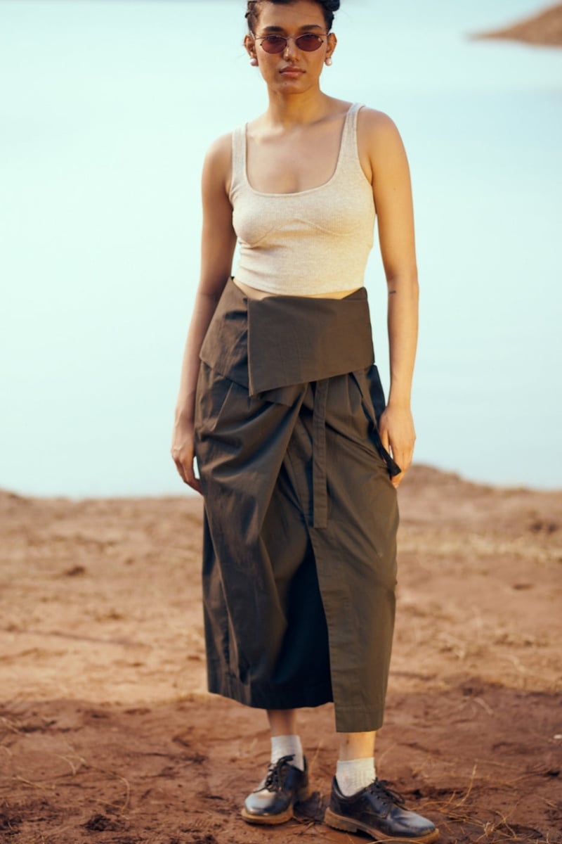 Olive Green Cotton Twill Wrap Midi Skirt with Tie Waist