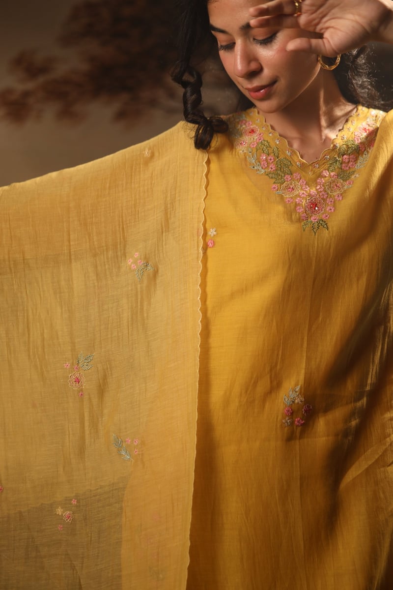 Mustard Handloom Chanderi Embroidered Kurta Set