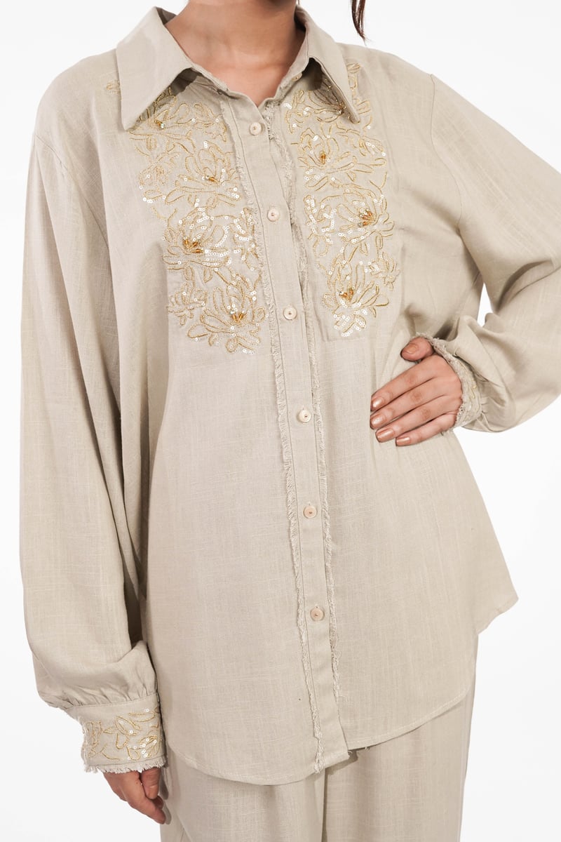Beige Embroidered Shirt and Wide-Leg Pants Co-ord Set