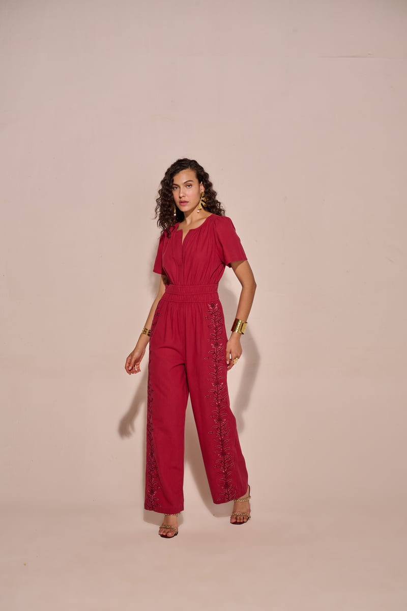 Red Cotton Embroidered Straight-Leg Jumpsuit