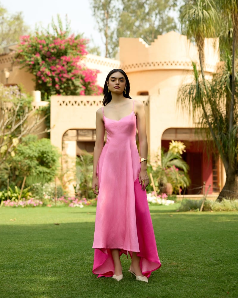 Pink Colorblock Fit and Flare High-Low Midi Dress