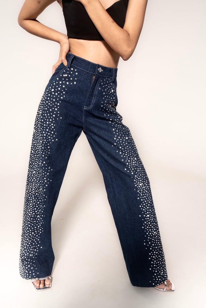 Navy Rhinestone Embellished High-Rise Baggy Jeans