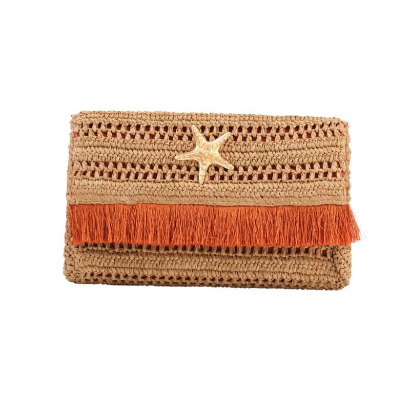 Jena Slim Raffia Clutch With Gold Emblem