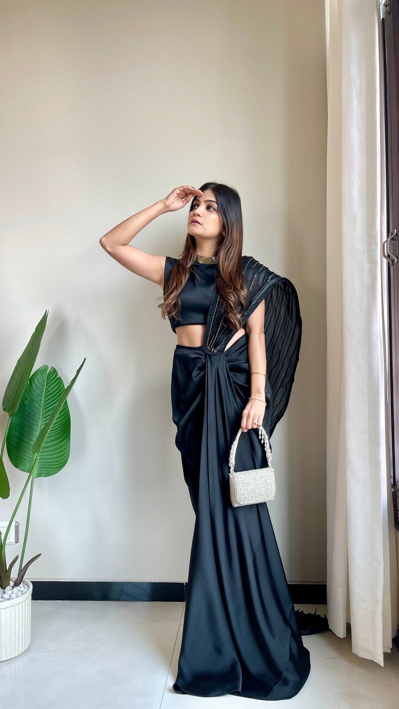 Black Fusion Pre-Draped Saree Set with Structured Palla