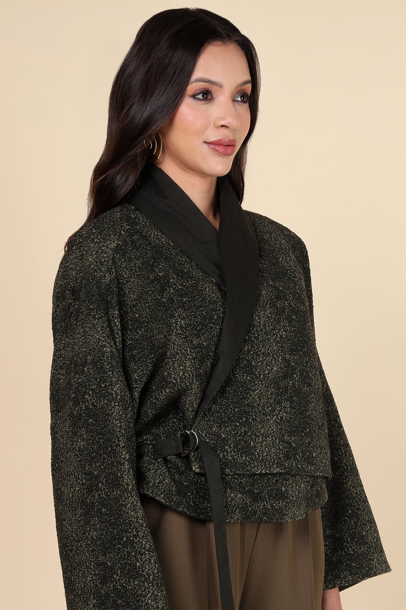 Black/Khakhi Cropped Wrap Jacket with Tie Belt