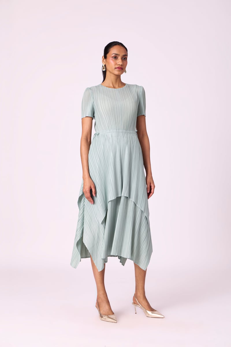 Sage Mint Pleated A-Line Midi Dress with Tie Waist