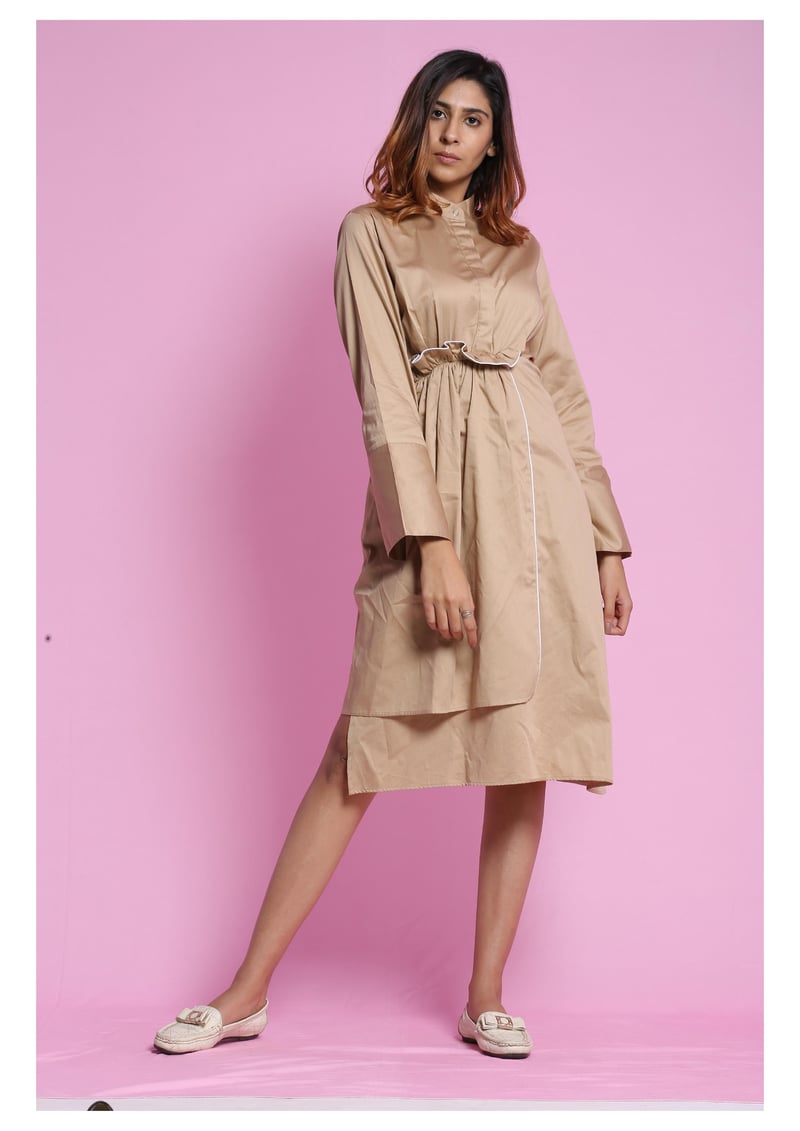 Black Cotton Satin Asymmetrical Midi Shirt Dress