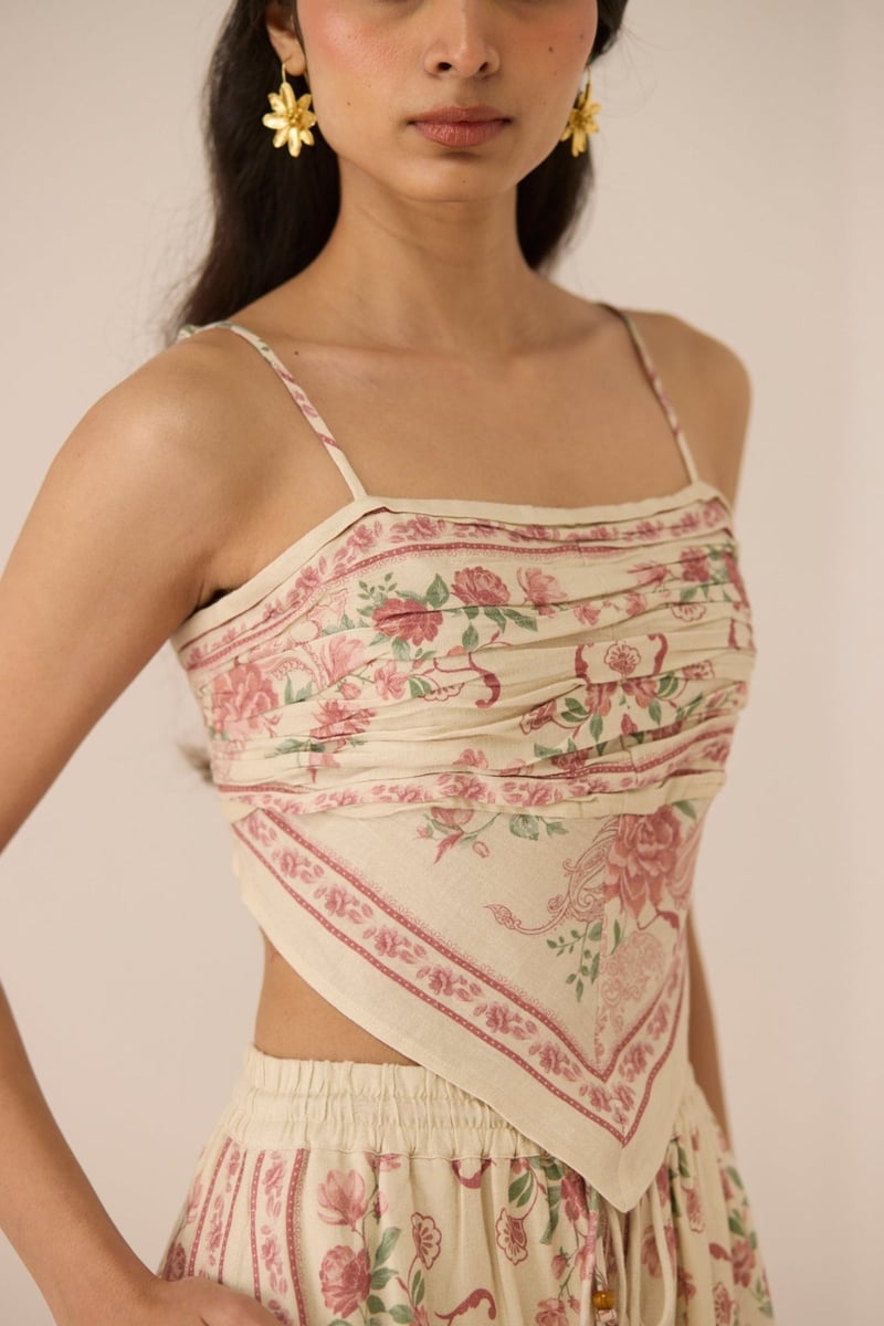 Azure Rose Floral Scarf Top with Smocked Back