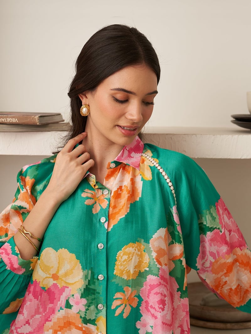 Green Floral Silk Shirt and Pants Co-ord Set