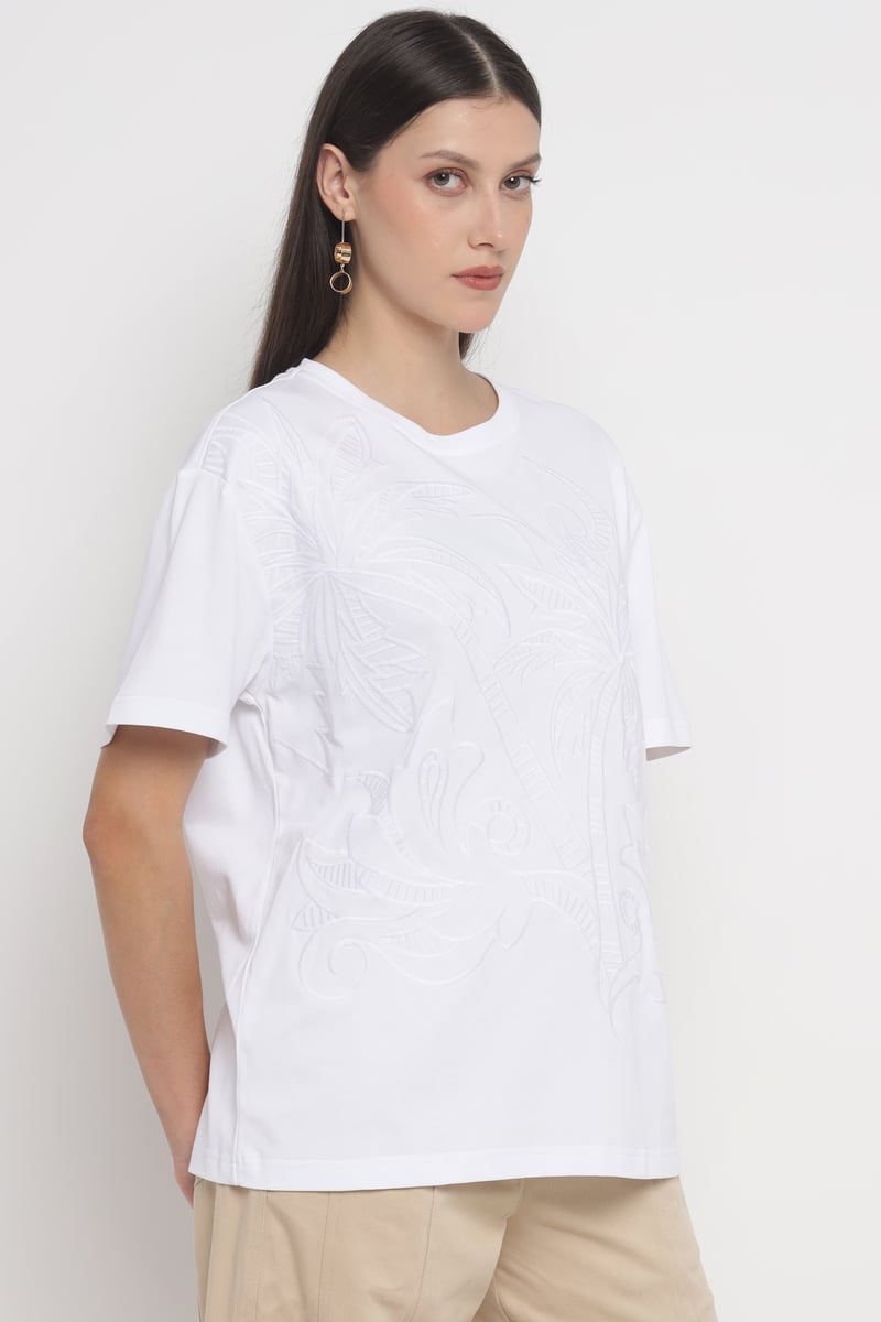 White Cotton Jersey T-Shirt with Tonal Embroidery