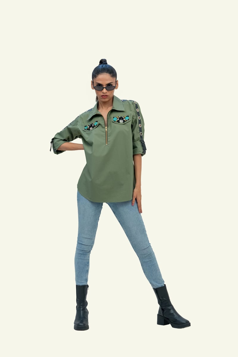 Olive Cotton Shirt with Embroidery on Pockets