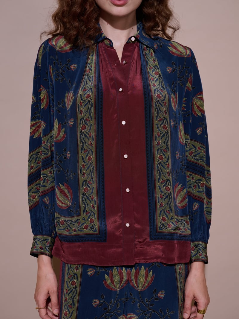 Blue Printed Mandarin Collar Button-Down Blouse