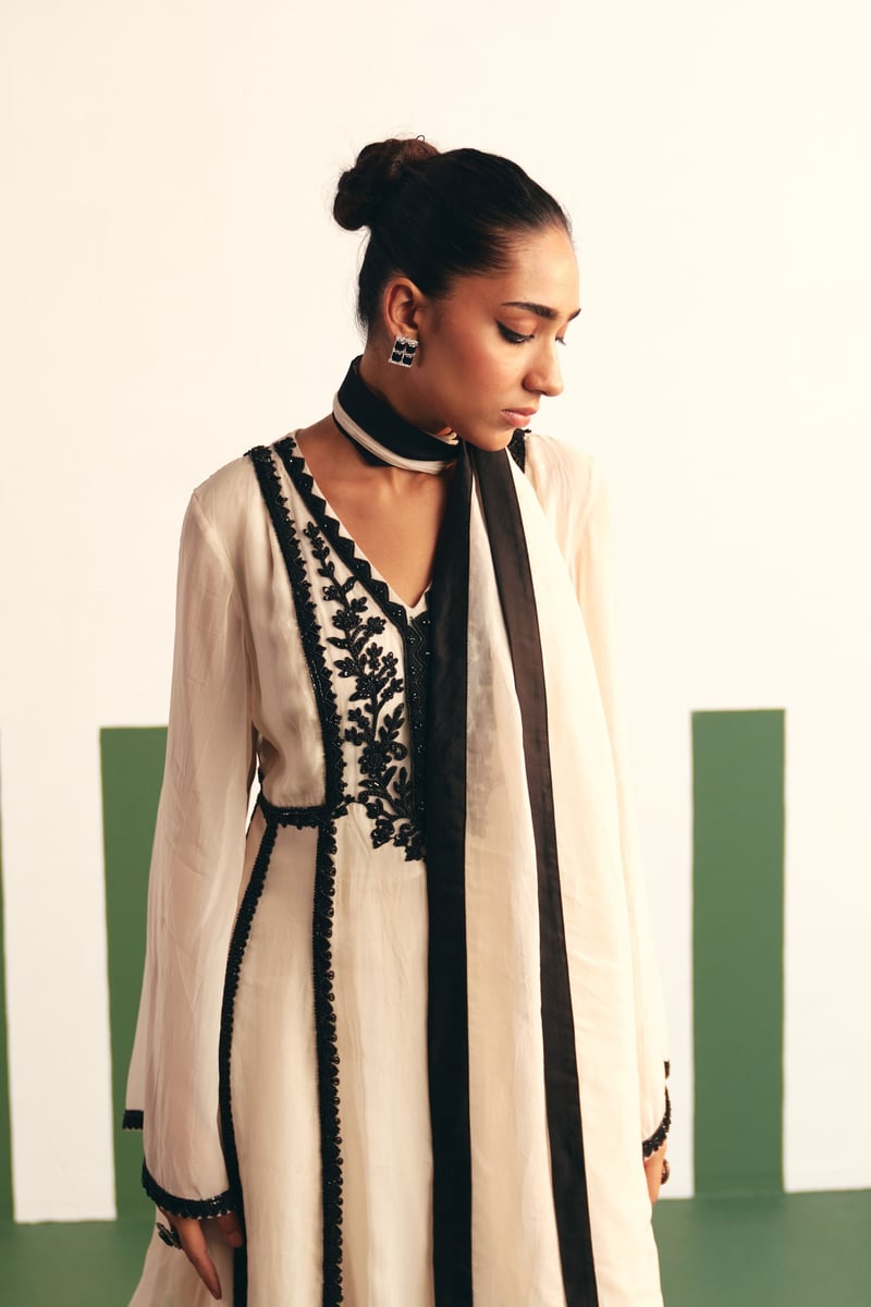 Ivory Anarkali Kurta Set with Black Embroidery