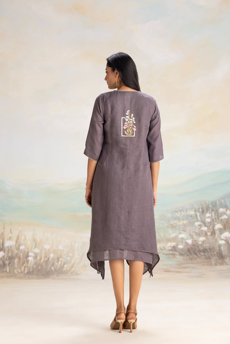 Iron Linen V-Neck Embroidered Fit and Flare Midi Dress
