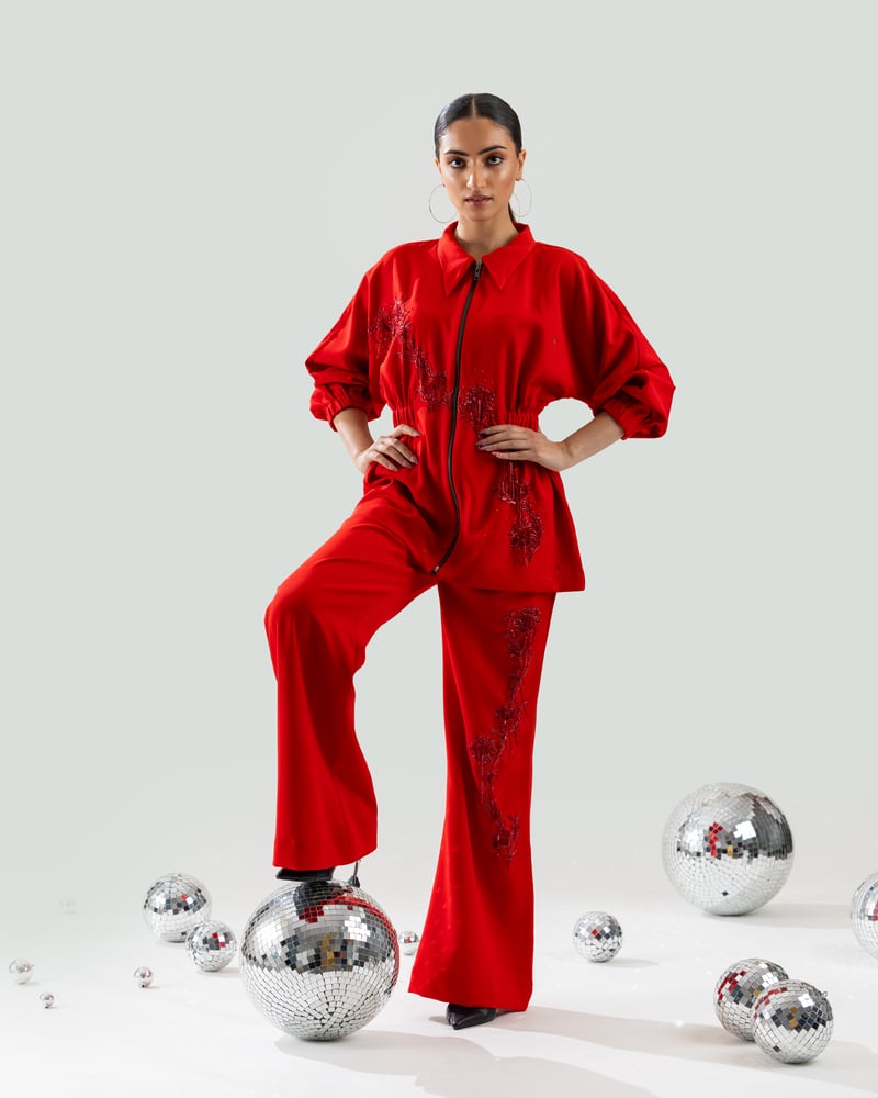 Red Zip-Front Shirt and Wide-Leg Pants Co-ord Set