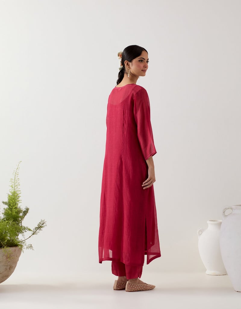 Deep Red Embroidered Straight Kurta Set with Pants