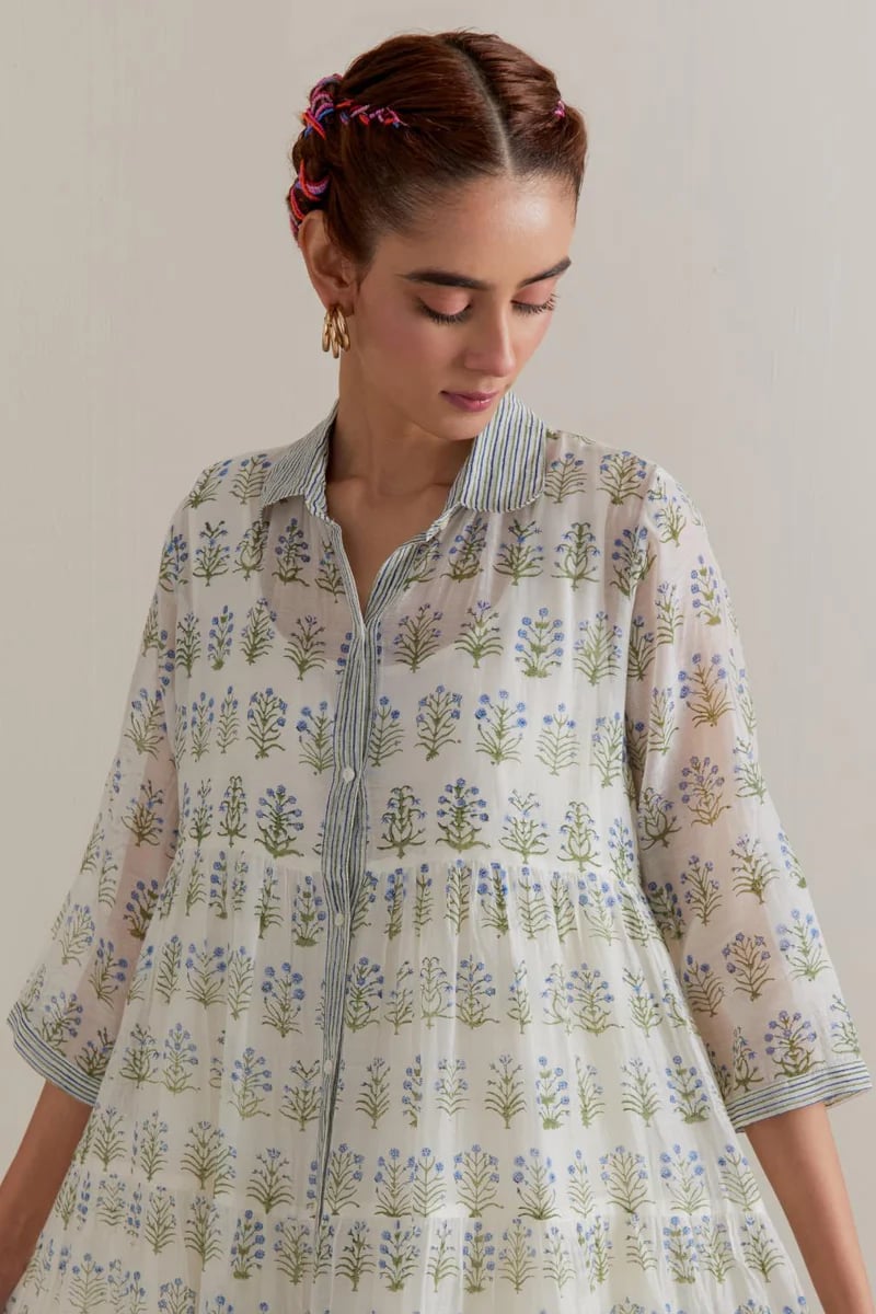Blue/Green Floral Printed Tiered Kurta Set with Slip