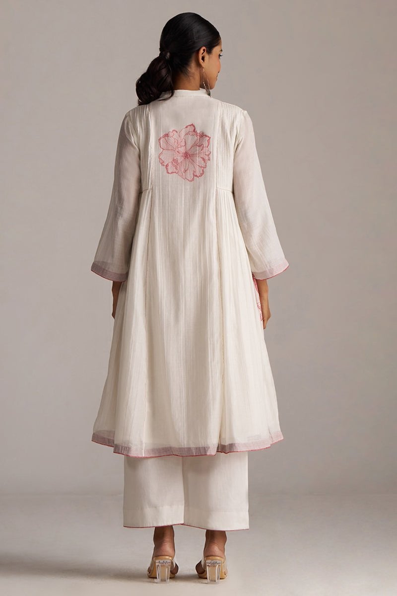 Ivory and Maroon Chanderi Floral Print A-Line Kurta Set
