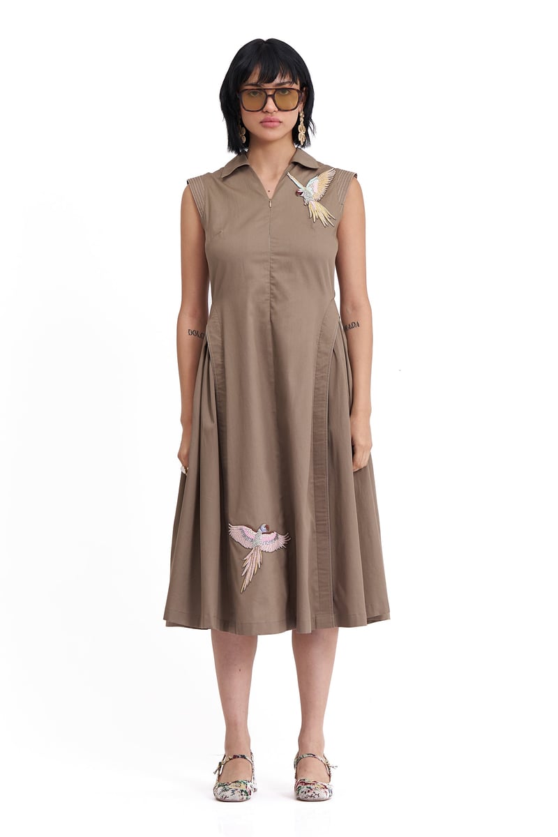 Mushroom Cotton Twill Sleeveless Collared Midi Dress