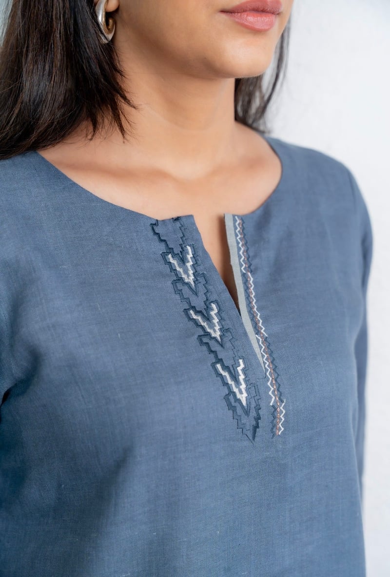 Space Blue-Grey Linen Kurta Set with Grey Pants